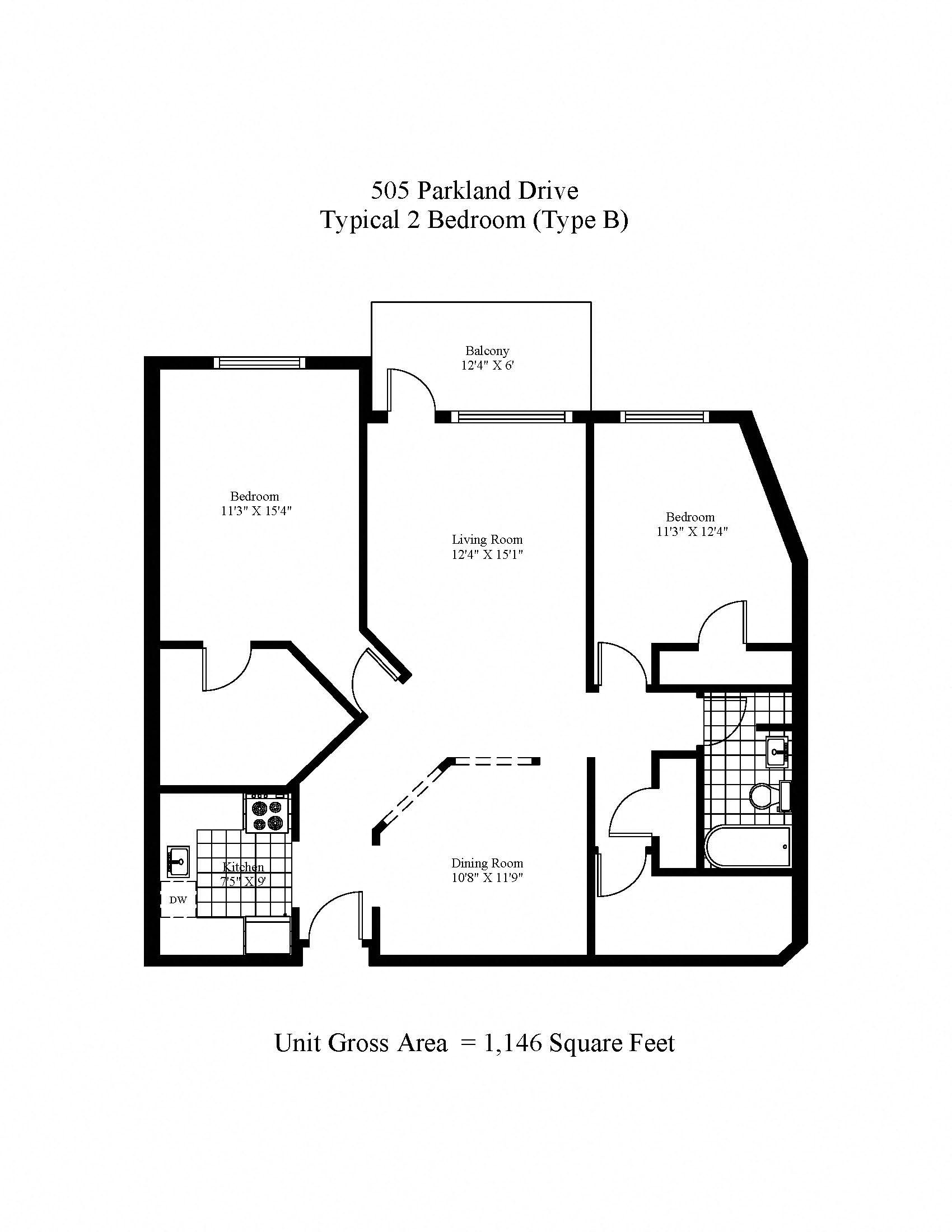 Floor plan for 2 beds, 2 baths, 1146 sqft